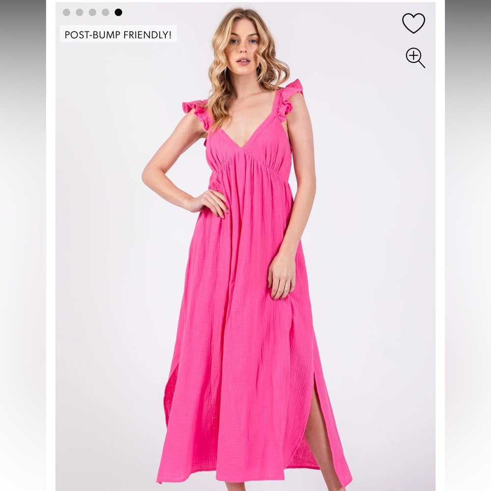 Pink blush pink ruffle strap midi dress for maternity or not